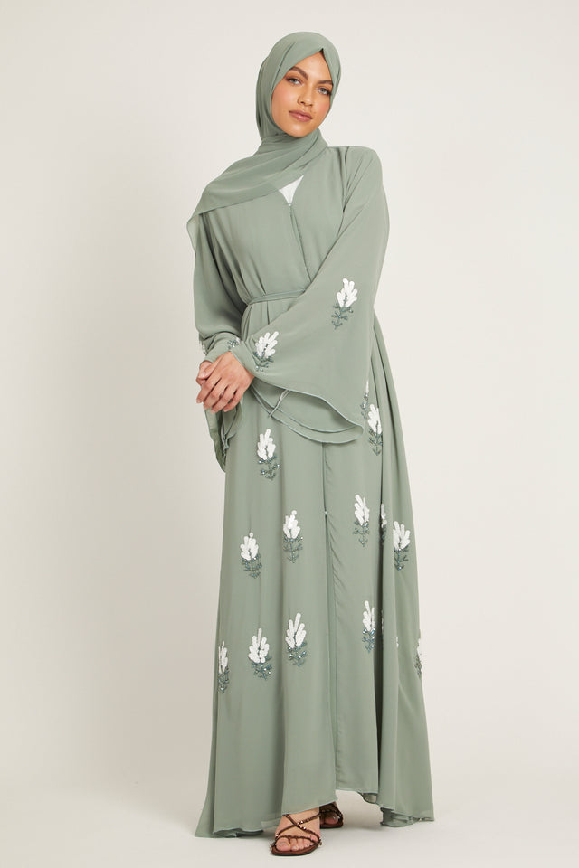 Premium Royal Mint Floral Embellished Open Abaya