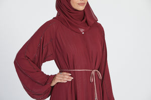 Chiffon Open Abaya with Embellished Balloon Sleeves - Maroon