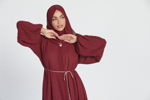 Chiffon Open Abaya with Embellished Balloon Sleeves - Maroon