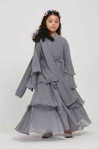 Junior Girls Chiffon Layered Open Abaya - Timeless Grey