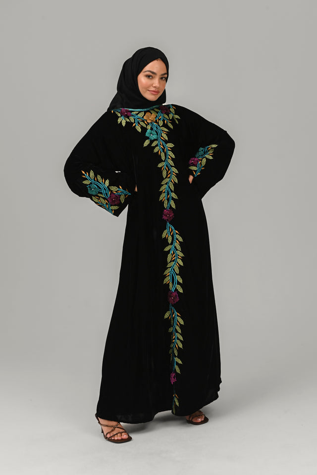 Luxury Velvet Closed Abaya with Embroidered Embellishments