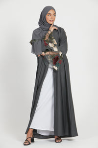 Blooming Floral Cuff Open Abaya - Grey