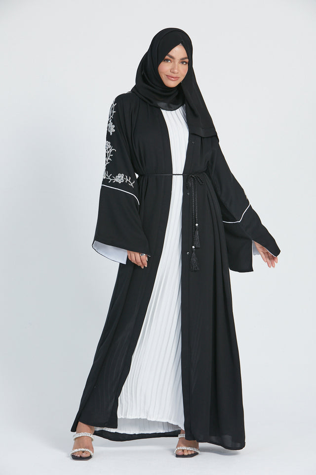 Floral Embellished Contrast Cuff Open Abaya - Black
