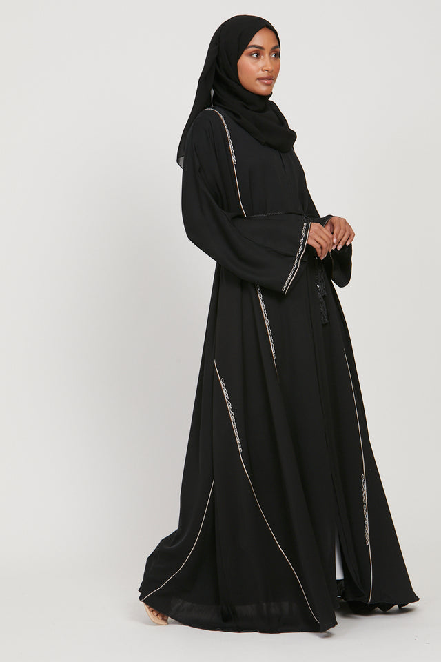 Black Embellished Open Abaya with Bronze Piping