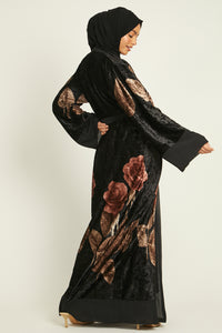 Floral Velvet Open Abaya - Bronze