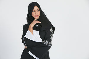 Floral Embellished Contrast Cuff Open Abaya - Black
