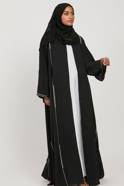 Black Embellished Open Abaya with Bronze Piping