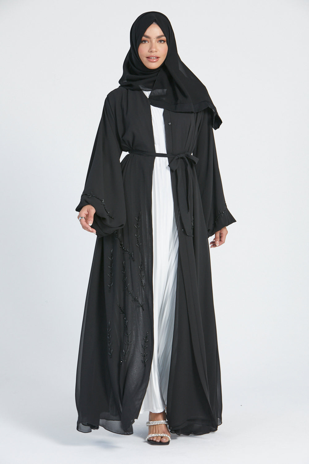 Chiffon Open Abaya with Embellished Balloon Sleeves - Black