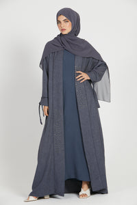 Four Piece Linen Blend Embellished Open Abaya - Charcoal Blue