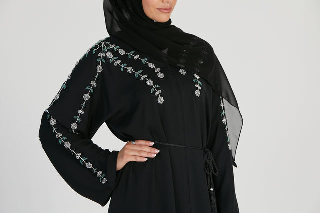 Silver and Emerald Floral Embellished Black Open Abaya