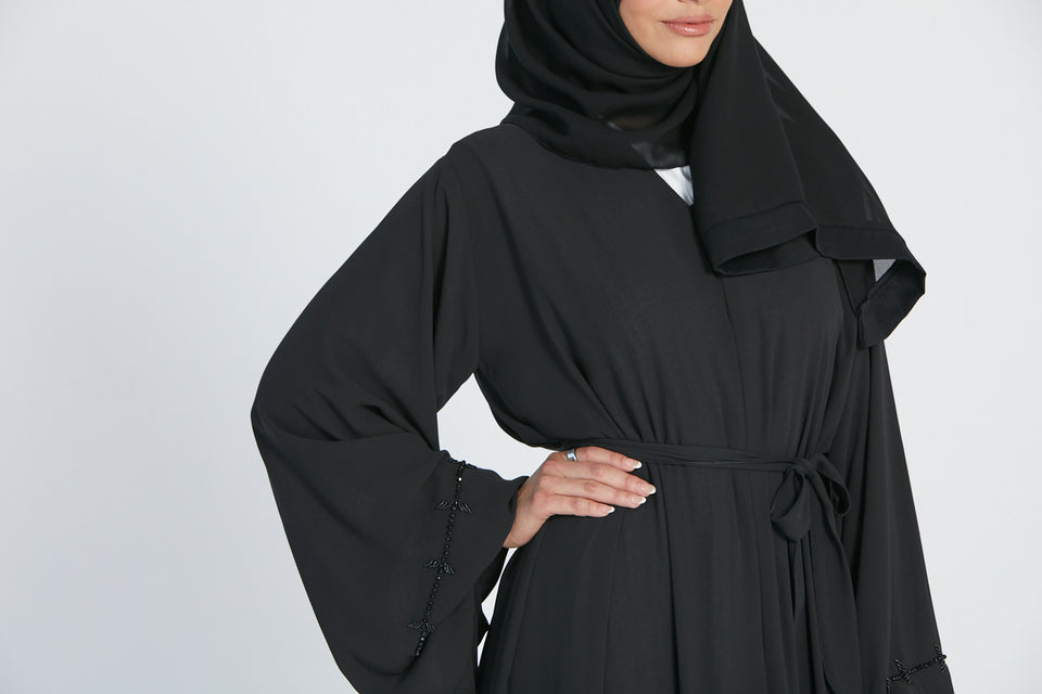 Chiffon Open Abaya with Embellished Balloon Sleeves - Black