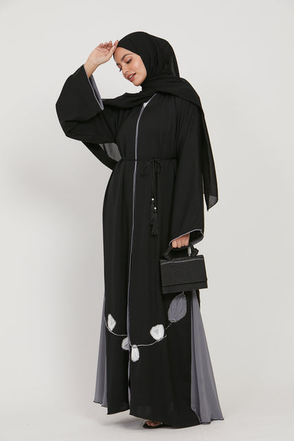 Black Open Abaya with Chiffon Panels and Organza Floral Detail