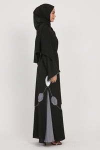 Black Open Abaya with Chiffon Panels and Organza Floral Detail