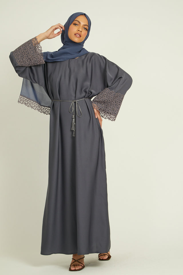 Charcoal Closed Abaya with Embellished Lace Cuff