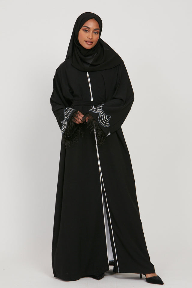 Classic Black Open Abaya with Embellished Feathered Cuffs