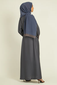 Charcoal Closed Abaya with Embellished Lace Cuff