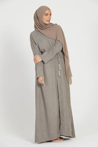 Linen Blend Embellished Open Abaya - Sand