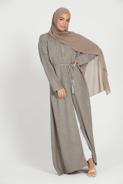 Linen Blend Embellished Open Abaya - Sand