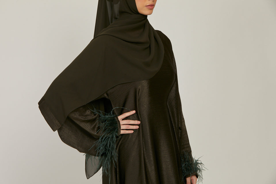 Premium Deep Olive Feathered Closed Abaya - LIMITED EDITION