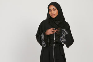 Classic Black Open Abaya with Embellished Feathered Cuffs