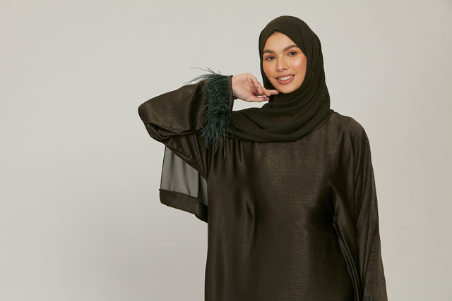 Premium Deep Olive Feathered Closed Abaya - LIMITED EDITION
