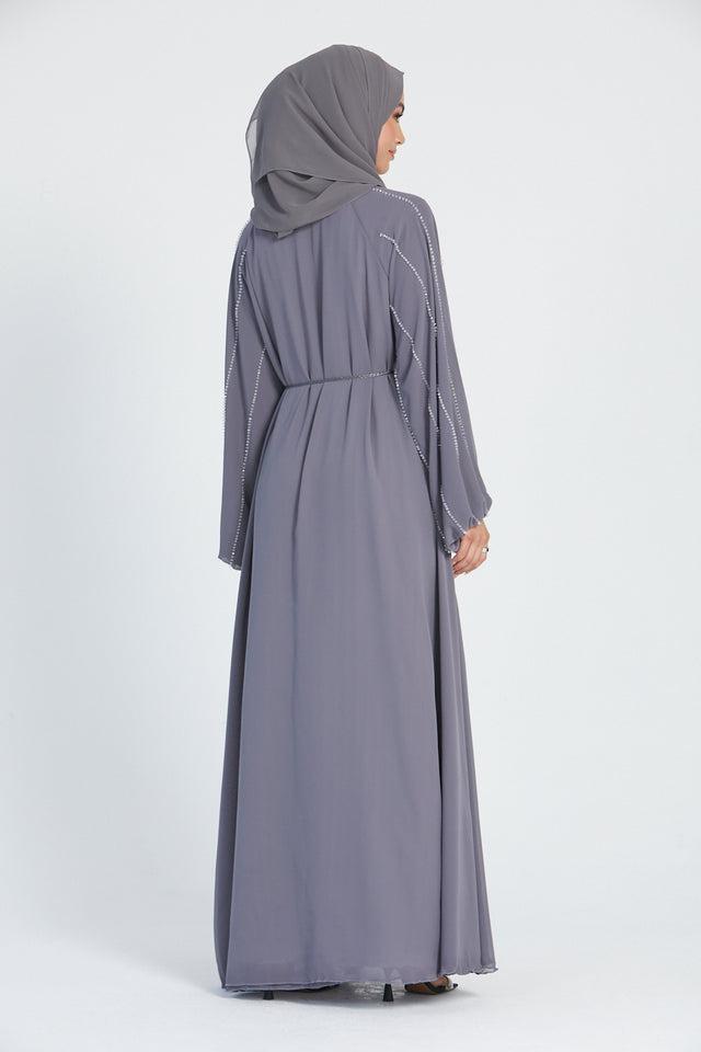 Chiffon Open Abaya with Embellished Balloon Sleeves - Grey