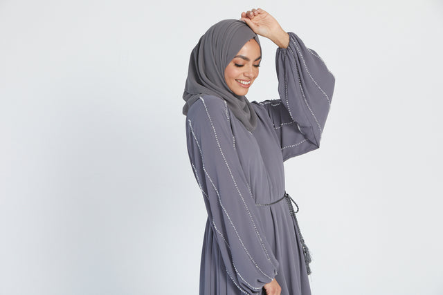 Chiffon Open Abaya with Embellished Balloon Sleeves - Grey