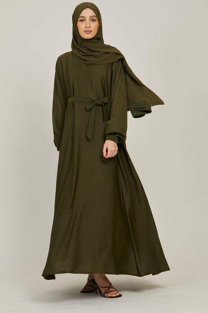 Umbrella Cut Closed Abaya with Elasticated Cuffs - Olive