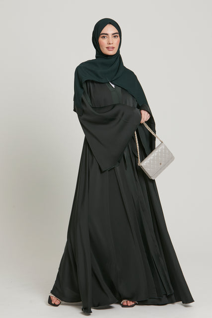 Umbrella Cut Open Abaya with Flared Sleeves - Forest Green