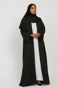 Black Open Abaya with Black Embellished Cuffs And Feathers