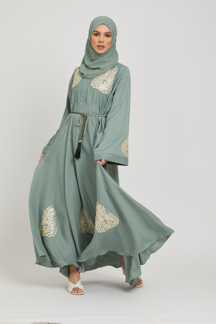 Mint Umbrella Cut Abaya with Gold Lace Detailing