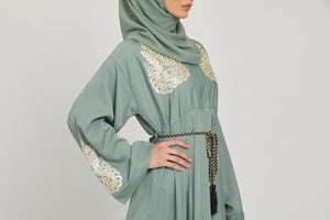 Mint Umbrella Cut Abaya with Gold Lace Detailing