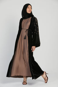 Classic Black Shoulder Embellished Velvet Open Abaya