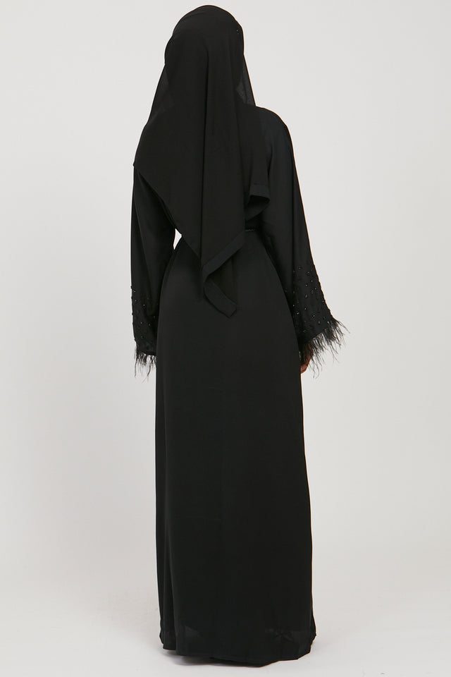 Black Open Abaya with Black Embellished Cuffs And Feathers