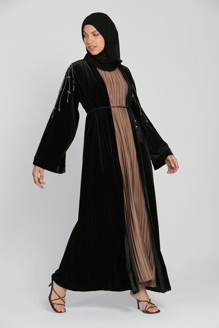 Classic Black Shoulder Embellished Velvet Open Abaya