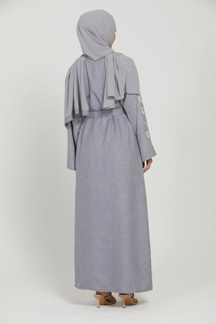 Linen Blend Open Abaya With Embellished Sleeves - Slate Blue