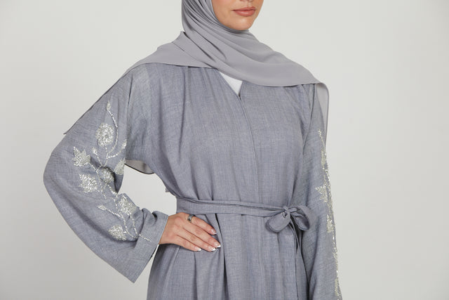 Linen Blend Open Abaya With Embellished Sleeves - Slate Blue