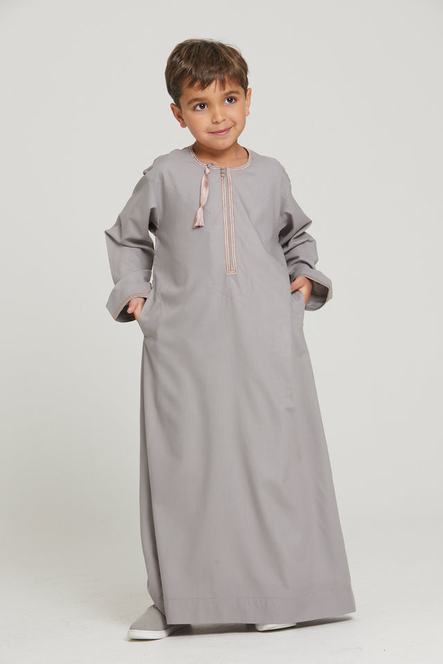 Junior Boys Premium Omani Thobe - Opal Grey with Rose Dust Embroidery