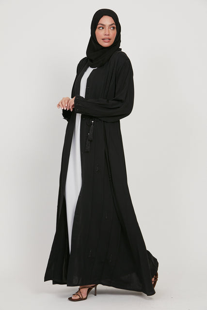 Black Embellished Open Abaya with Pleated Cuffs