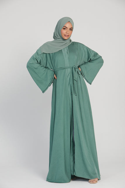 Sage Embellished Cuff Umbrella Cut Open Abaya