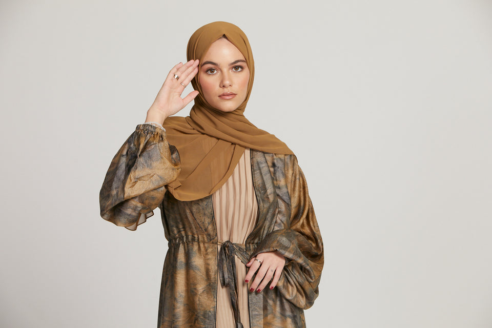 Marble Print Open Abaya With Inner Belt - Evening Sunset - Limited Edition