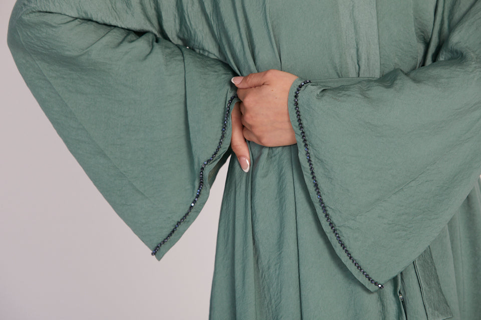 Sage Embellished Cuff Umbrella Cut Open Abaya