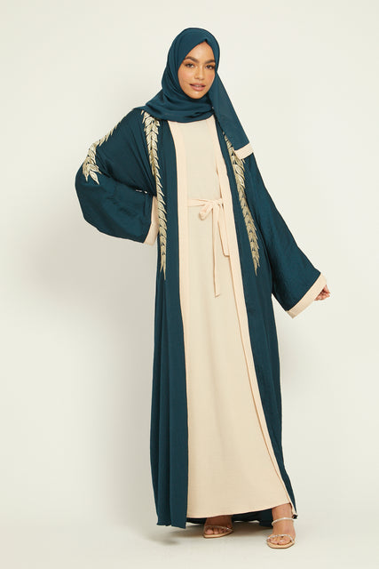 Four Piece Floral Motif Embroidered Open Abaya - Teal