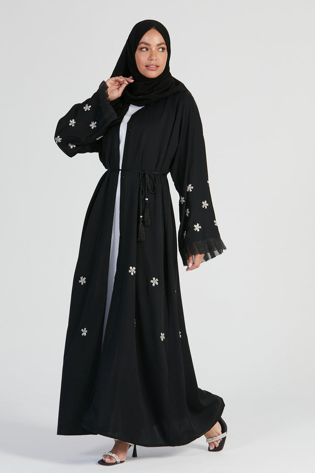 Silver Detailed Black Open Abaya with Pleated Chiffon Cuffs