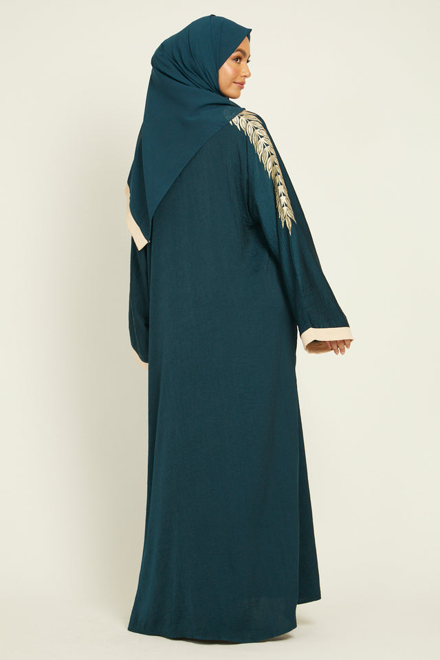 Four Piece Floral Motif Embroidered Open Abaya - Teal