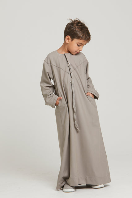Junior Boys Premium Emirati Thobe With Pleat Detailing - Natural Taupe