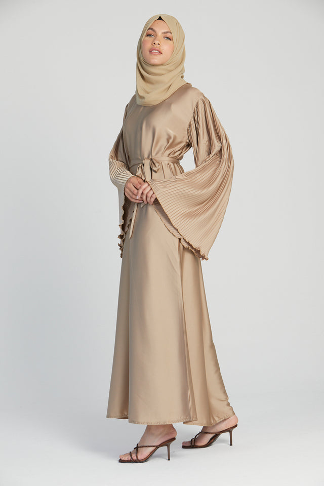 Satin Closed Abaya with Pleated Sleeves - Golden Nude
