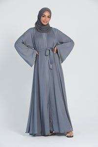 Grey Embellished Cuff Umbrella Cut Open Abaya