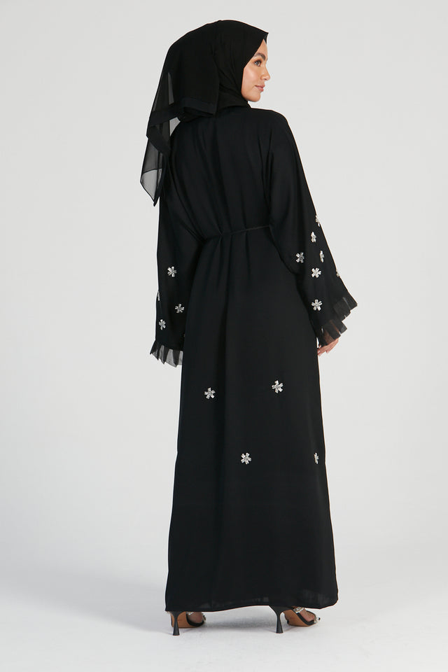 Silver Detailed Black Open Abaya with Pleated Chiffon Cuffs