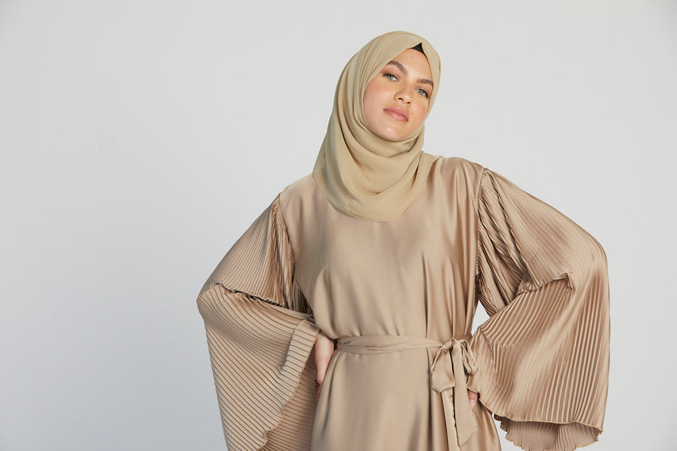 Satin Closed Abaya with Pleated Sleeves - Golden Nude